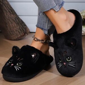 Cozy Black Cat House Shoes Slippers